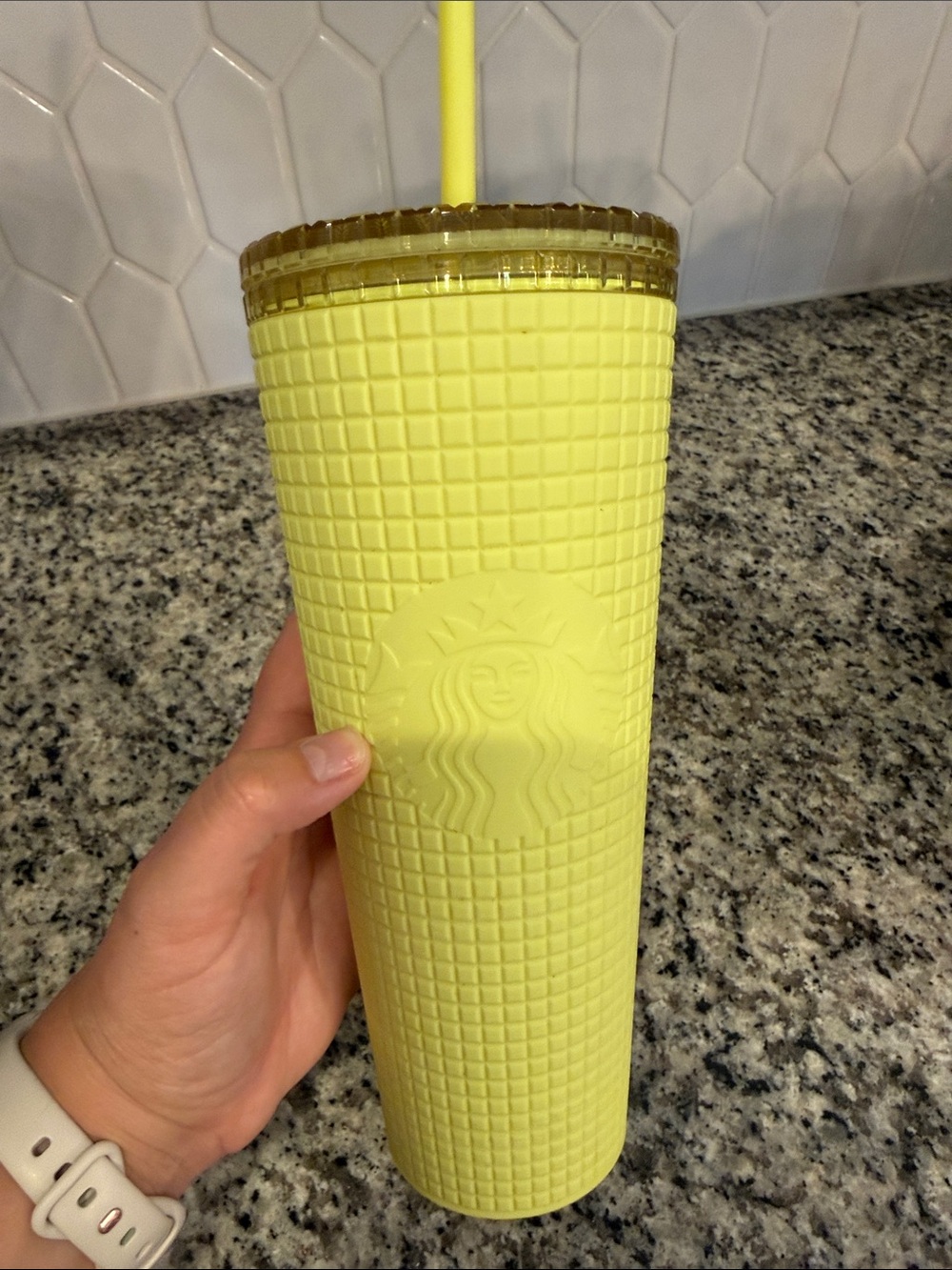 Starbucks Lemon Yellow Textured Tumbler with Amber Lid and Yellow Straw